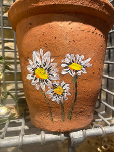 Original watercolour and pen painting on a hand thrown Victorian terracotta flower pot