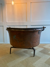 Load image into Gallery viewer, Exceptional French antique copper cauldron/cooking pot with iron handle and stand
