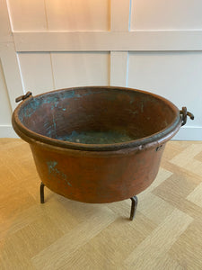 Exceptional French antique copper cauldron/cooking pot with iron handle and stand