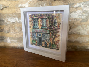 Original watercolour and pen, French cafe, framed in a contemporary frame