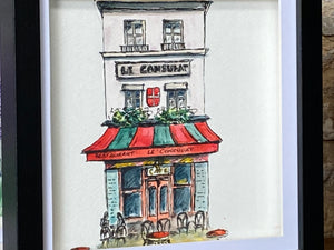 Original watercolour and pen, French cafe, framed in a contemporary frame