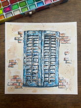 Load image into Gallery viewer, Original watercolour and pen, French shutters, framed in a contemporary frame
