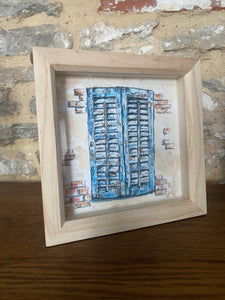 Original watercolour and pen, French shutters, framed in a contemporary frame