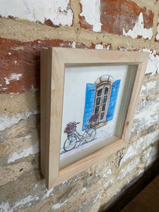 Original watercolour and pen, French shutters and bicycle framed in a contemporary frame