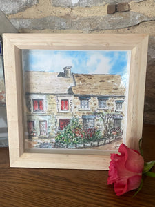 Original watercolour and pen, French cottages framed in a contemporary frame