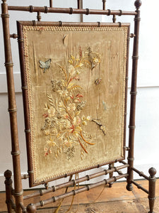 Original Napoleon III Faux bamboo and hand woven silk fire screen