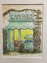 Load image into Gallery viewer, ❌SALE❌was £125 now £95 Original watercolour and pen, French cafe scene framed in a warm off white card mount by Jason M Parker
