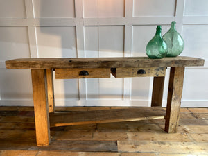 French oak restored garage work bench with 2 drawers