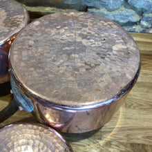 Load image into Gallery viewer, French antique stamped copper pans set of 5 pans gauge set with hammered bottom
