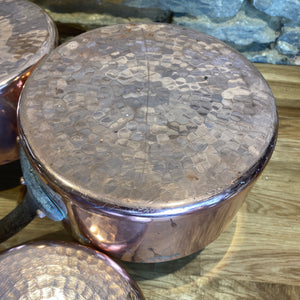 French antique stamped copper pans set of 5 pans gauge set with hammered bottom