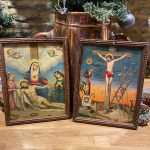 Pair of French religious prints in vintage frame with glass