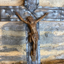 Load image into Gallery viewer, Vintage French brass Jesus on wooden crucifix
