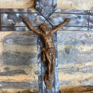 Vintage French brass Jesus on wooden crucifix