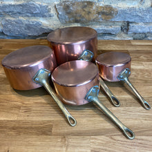 Load image into Gallery viewer, French antique copper pans set of 4 lined
