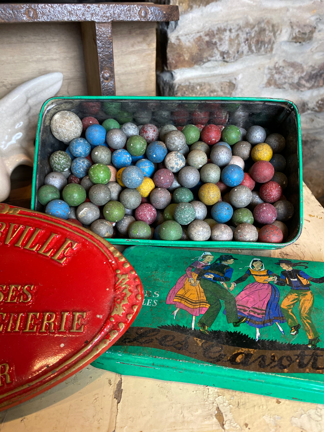 French vintage clay marbles with tin