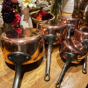 French antique copper pans set of 5 heavy gauge