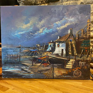 French oil on canvas harbour scene signed