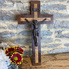 Load image into Gallery viewer, Vintage French metal Jesus on wooden crucifix
