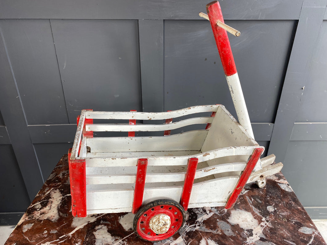 Small French red and white wooden flower cart