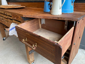 Sympathetically restored work bench with 18 drawers