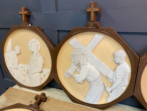 Stunning collection of 14 plaster framed Stations of the Cross