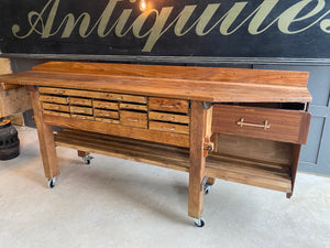 Sympathetically restored work bench with 18 drawers