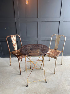 French table and 2 Tolix metal chairs
